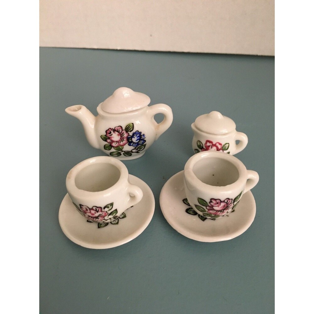 VINTAGE MINIATURE MADE IN JAPAN PORCELAIN 8 PIECE TEA SET WHITE WITH FLOWERS